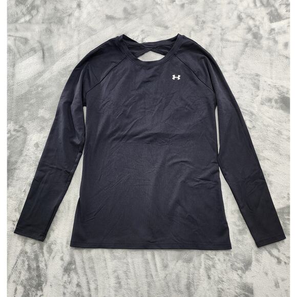 Under Armour Heat Gear Open Back Long Sleeve Workout Shirt Size M Black Workout - Picture 1 of 6